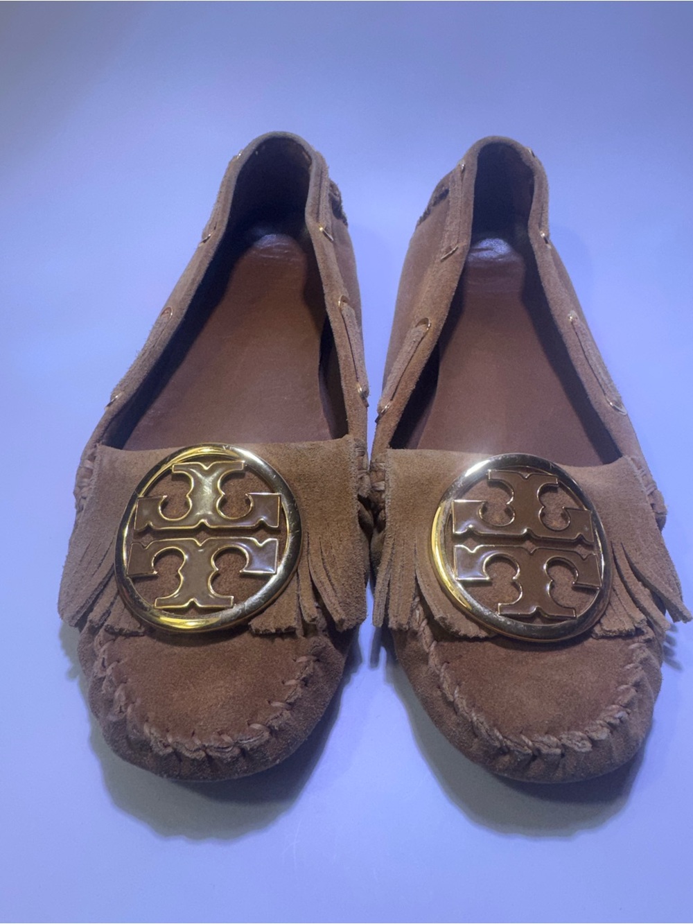 Tory Burch Brown Suede Fringe Logo Moccasins with Gold Medallions